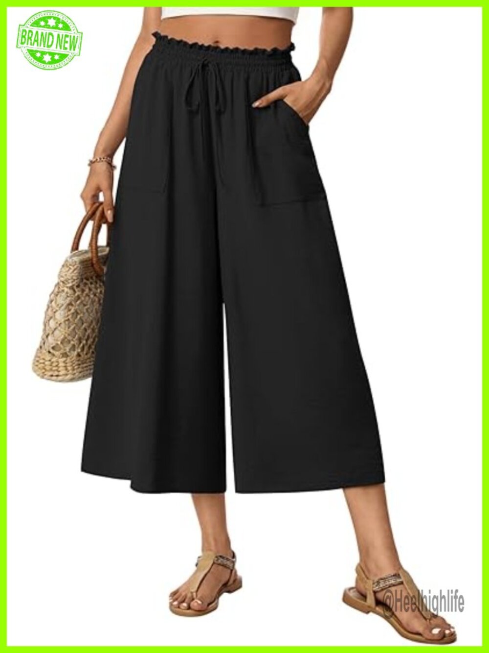 High Waist Wide Leg Gaucho Capri Pants with Pockets Palazzo Culottes